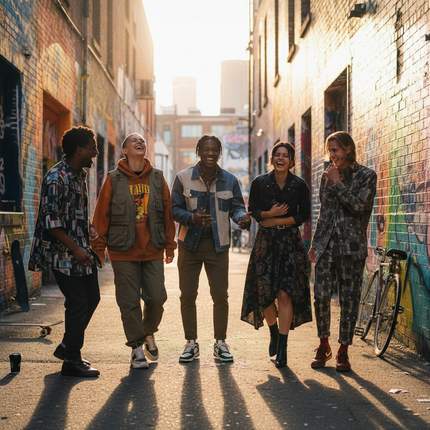 Diverse young adults wearing trendy streetwear, laughing in a sunlit urban alley
