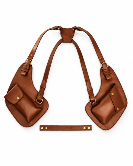 Lashasana brown cactus leather holster bag with two front pouches and adjustable shoulder straps
